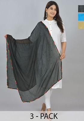 Beige Poly Blend Pack Of 3 White Dupattas