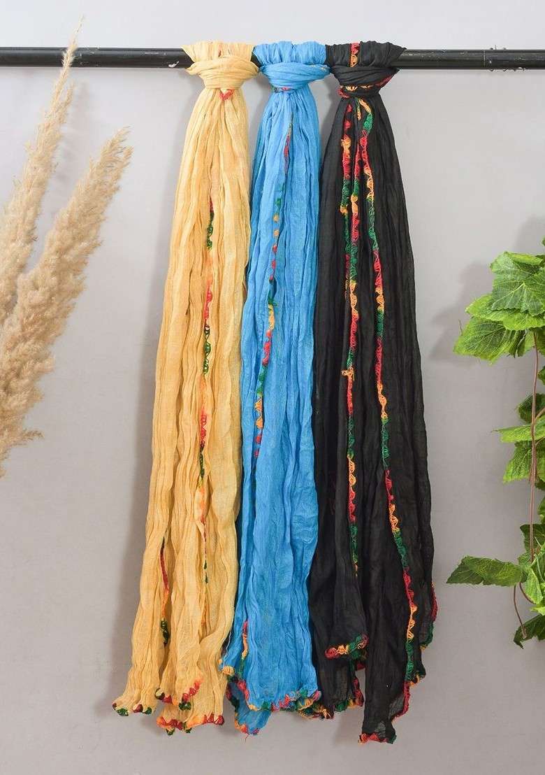Beige Poly Blend Pack Of 3 White Dupattas - Indya