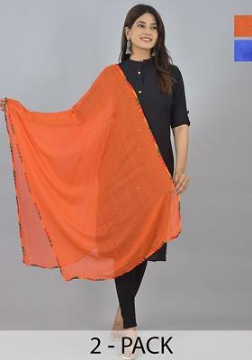 Blue Poly Blend Pack Of 2 White Dupattas