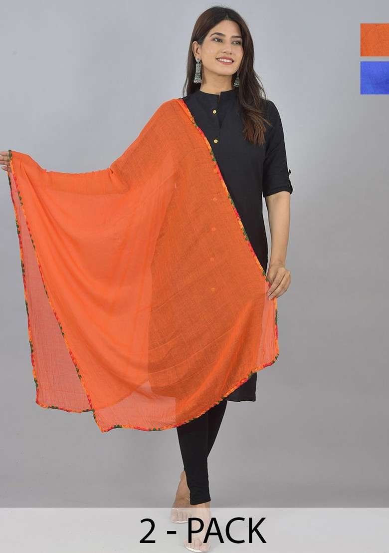 Blue Poly Blend Pack Of 2 White Dupattas - Indya