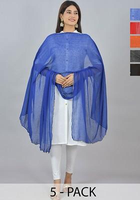 Blue Poly Blend Pack Of 5 White Dupattas