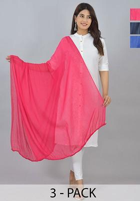 Pink Poly Blend Pack Of 3 White Dupattas