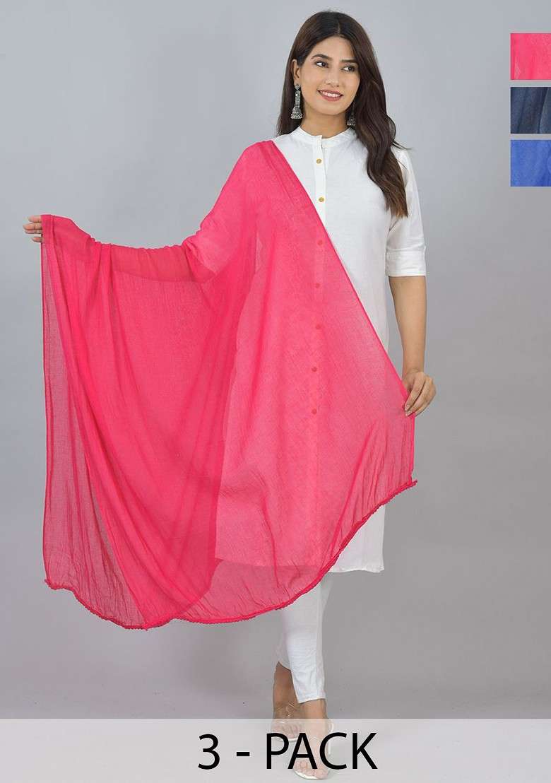 Pink Poly Blend Pack Of 3 White Dupattas - Indya