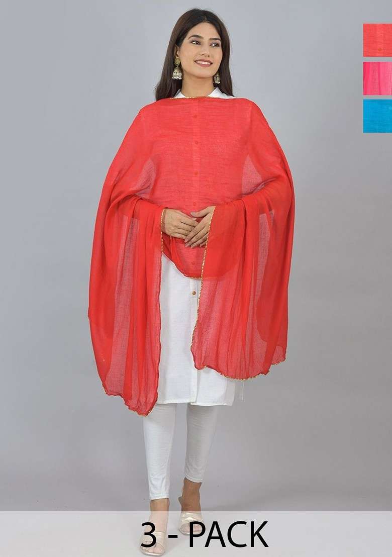 Blue Poly Blend Pack Of 3 White Dupattas - Indya