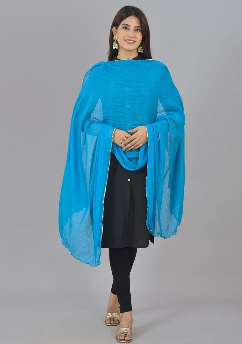 Blue Poly Blend Pack Of 3 White Dupattas