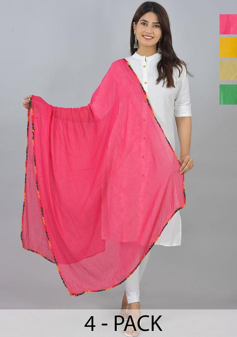 Green Poly Blend Pack Of 4 White Dupattas