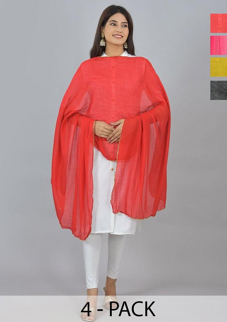 Yellow Poly Blend Pack Of 4 White Dupattas