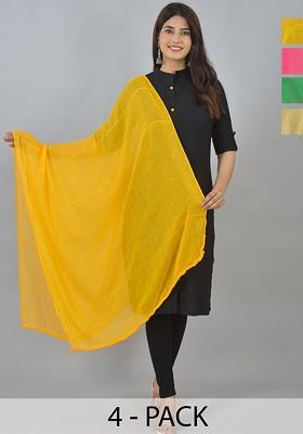 Yellow Poly Blend Pack Of 4 White Dupattas