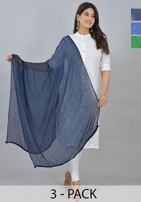 Blue Poly Blend Pack Of 3 White Dupattas