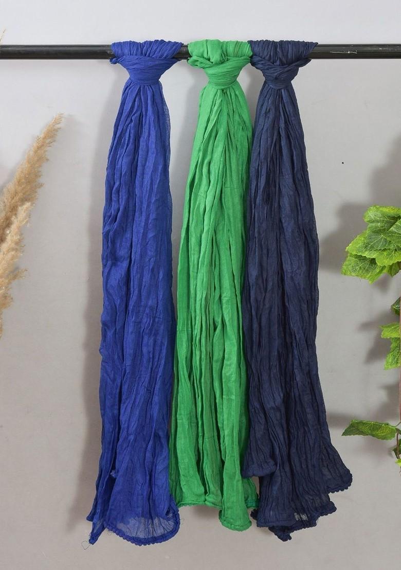 Blue Poly Blend Pack Of 3 White Dupattas