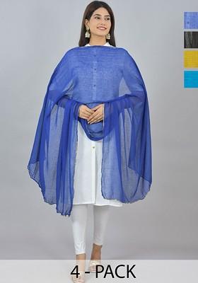 Yellow Poly Blend Pack Of 4 White Dupattas