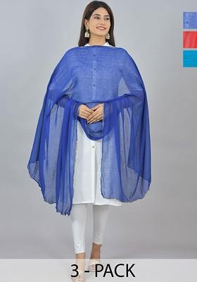 Blue Poly Blend Pack Of 3 White Dupattas