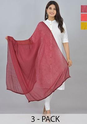 Yellow Poly Blend Pack Of 3 White Dupattas