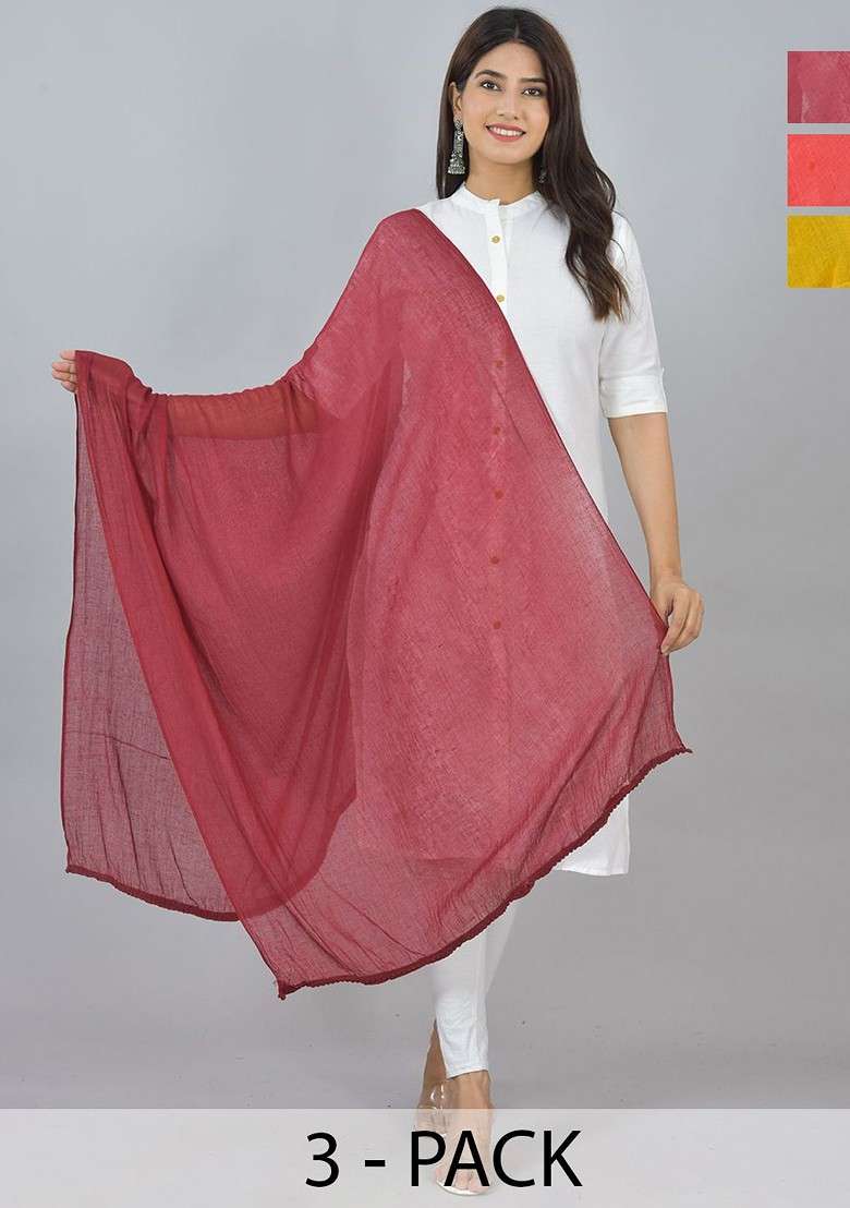 Yellow Poly Blend Pack Of 3 White Dupattas - Indya