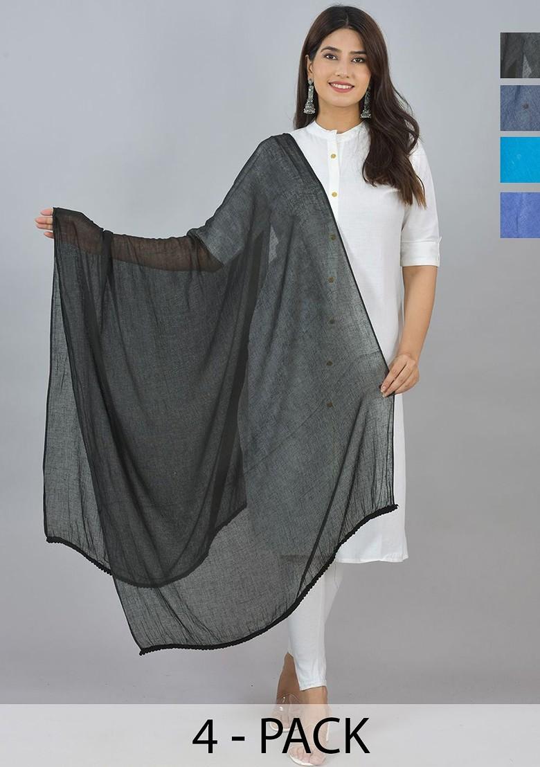 Black Poly Blend Pack Of 4 White Dupattas