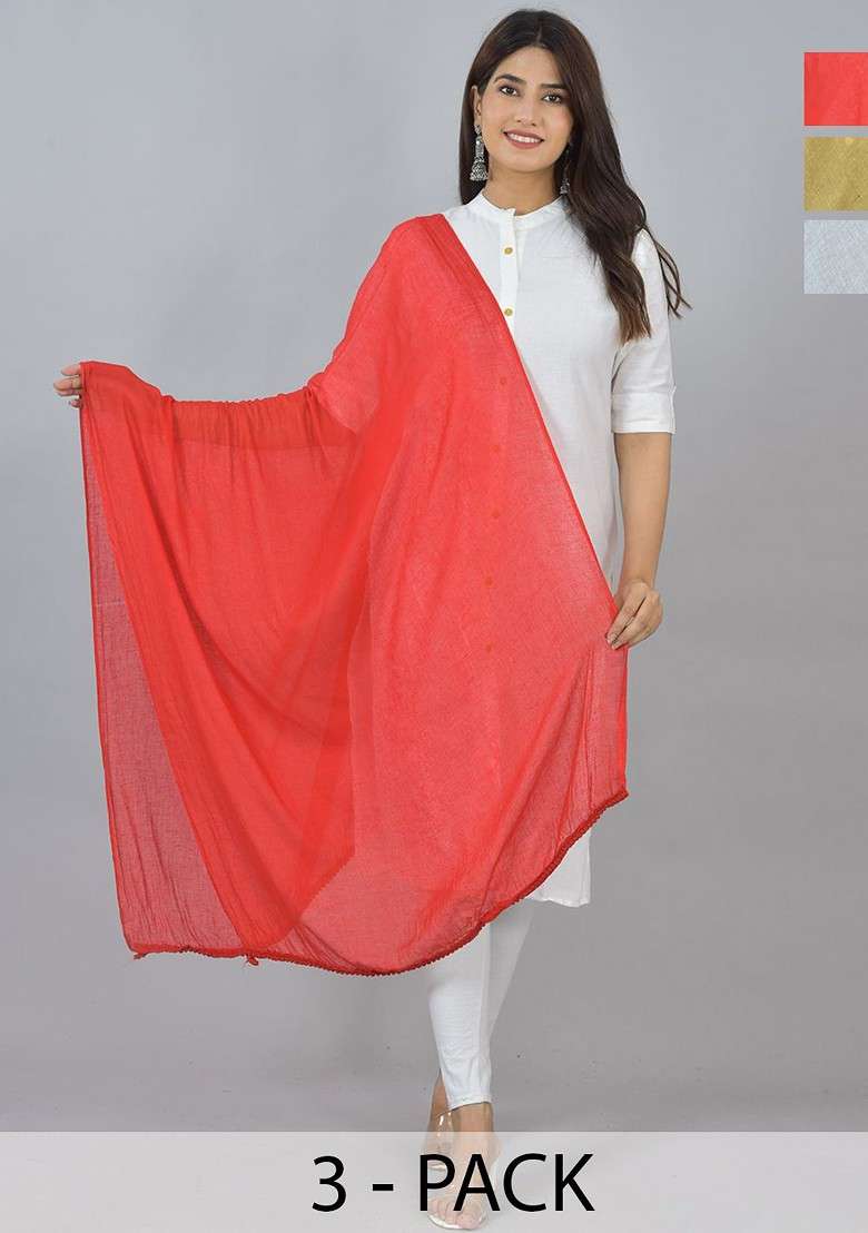White Poly Blend Pack Of 3 White Dupattas - Indya