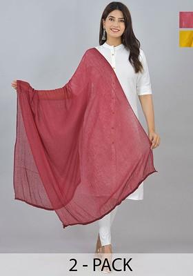 Yellow Poly Blend Pack Of 2 White Dupattas