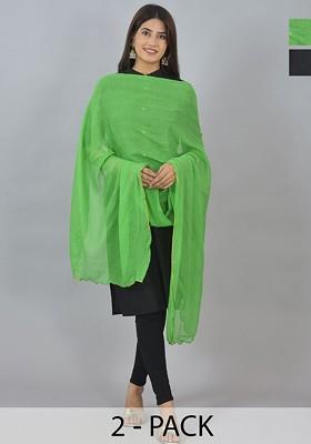 Green Poly Blend Pack Of 2 White Dupattas