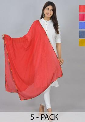 Red Poly Blend Pack Of 5 White Dupattas