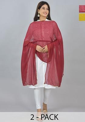 Yellow Poly Blend Pack Of 2 White Dupattas