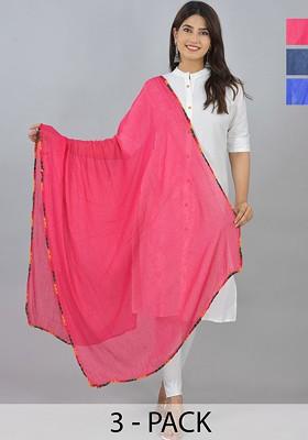 Pink Poly Blend Pack Of 3 White Dupattas