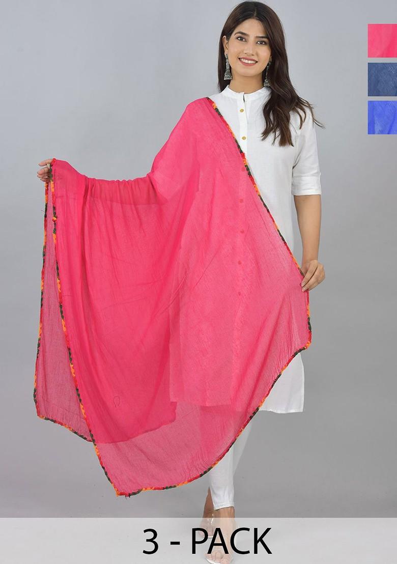 Pink Poly Blend Pack Of 3 White Dupattas