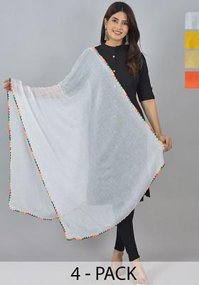 Yellow Poly Blend Pack Of 4 White Dupattas