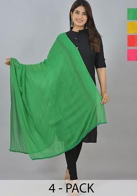 Green Poly Blend Pack Of 4 White Dupattas