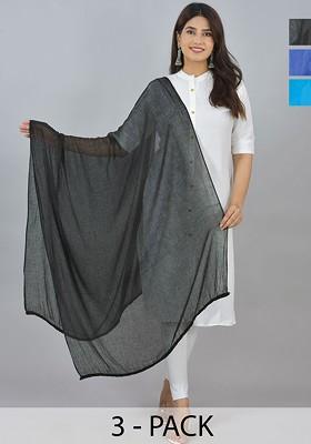 Black Poly Blend Pack Of 3 White Dupattas