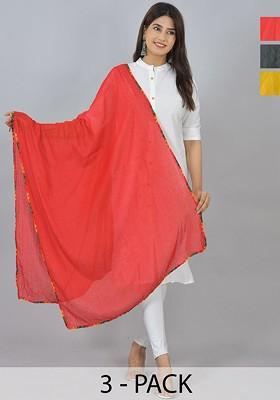 Red Poly Blend Pack Of 3 White Dupattas
