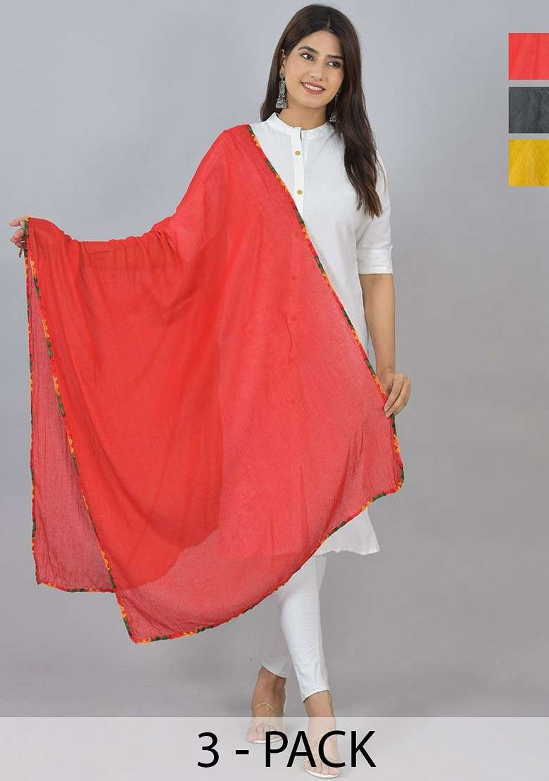 Red Poly Blend Pack Of 3 White Dupattas - Indya
