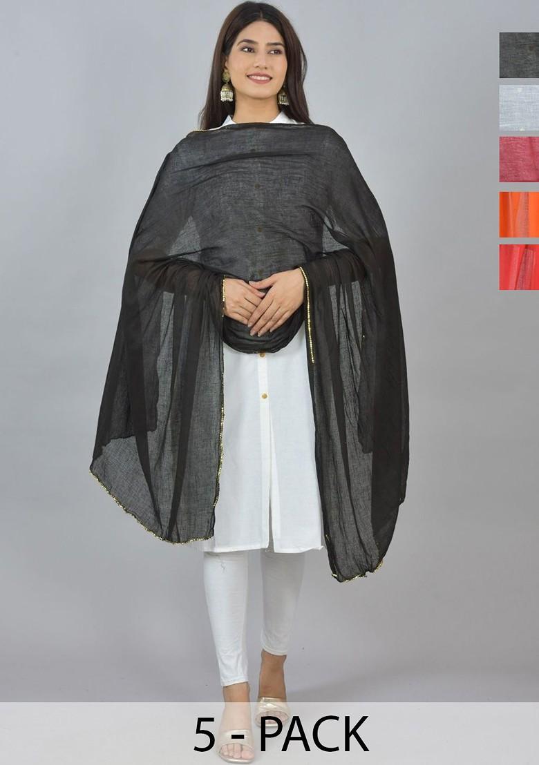 Black Poly Blend Pack Of 5 White Dupattas