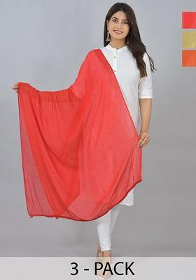 Red Poly Blend Pack Of 3 White Dupattas