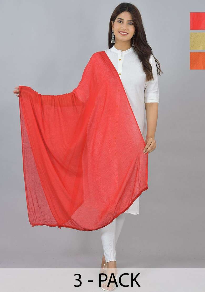 Red Poly Blend Pack Of 3 White Dupattas - Indya