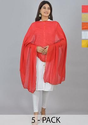 Yellow Poly Blend Pack Of 5 White Dupattas
