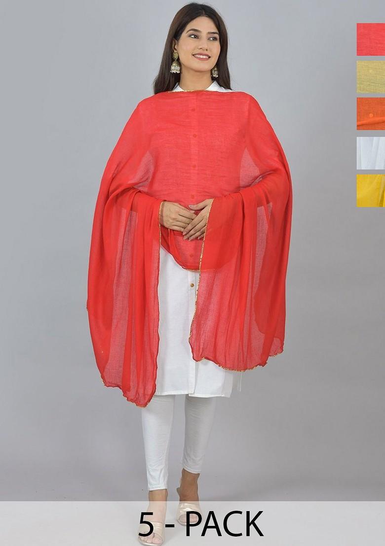 Yellow Poly Blend Pack Of 5 White Dupattas