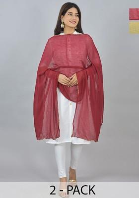 Beige Poly Blend Pack Of 2 White Dupattas