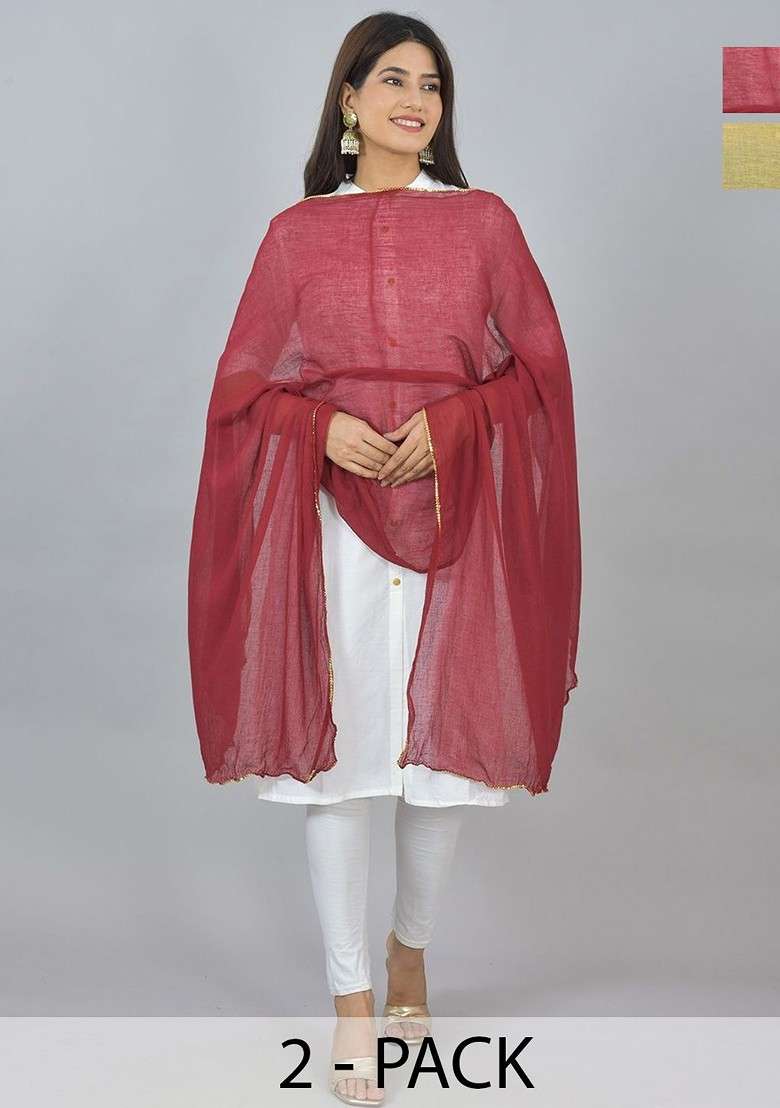 Beige Poly Blend Pack Of 2 White Dupattas - Indya