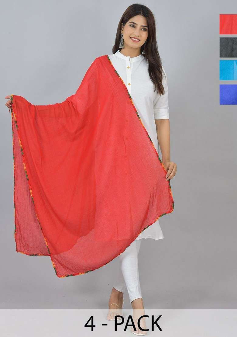 Red Poly Blend Pack Of 4 White Dupattas - Indya