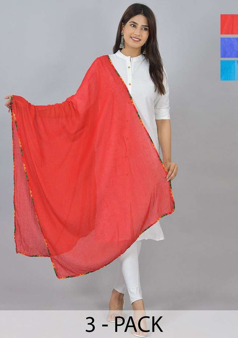Blue Poly Blend Pack Of 3 White Dupattas - Indya