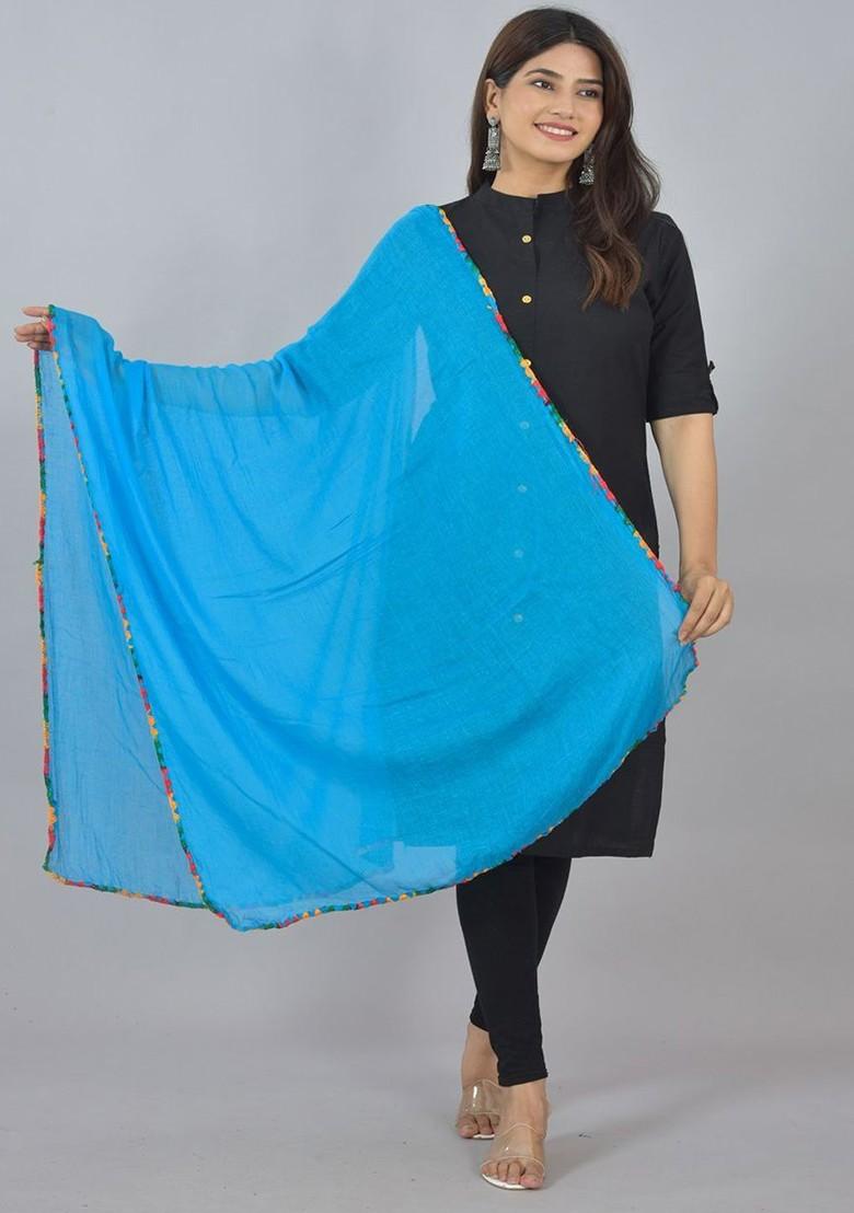 Blue Poly Blend Pack Of 3 White Dupattas