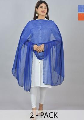 Blue Poly Blend Pack Of 2 White Dupattas