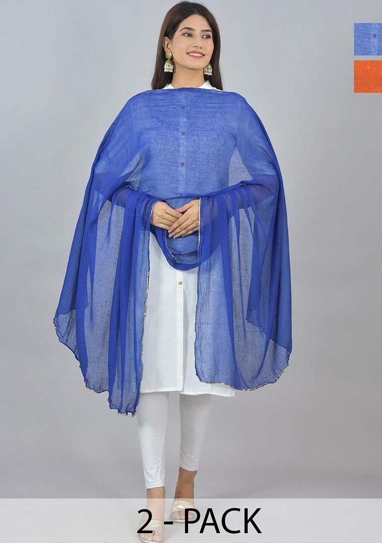 Blue Poly Blend Pack Of 2 White Dupattas