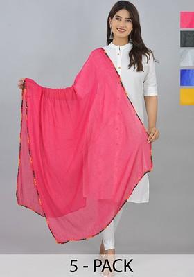 Pink Poly Blend Pack Of 5 White Dupattas