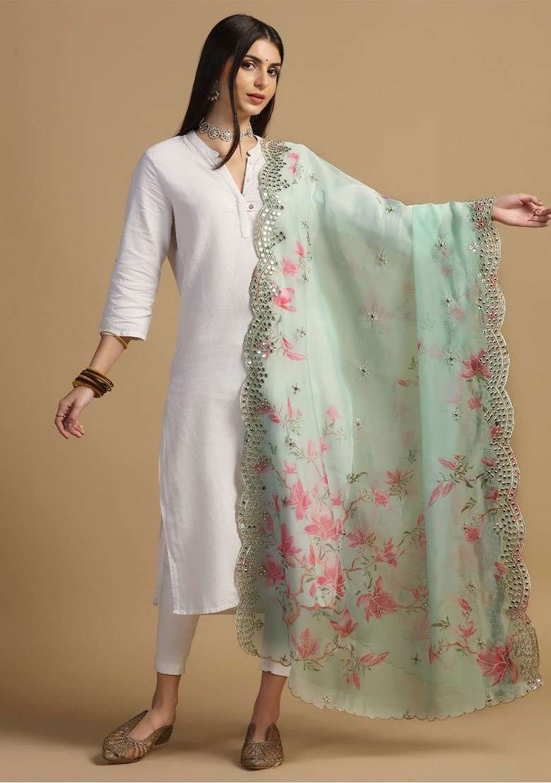Printed Organza Dupatta With Mirror Work - Indya
