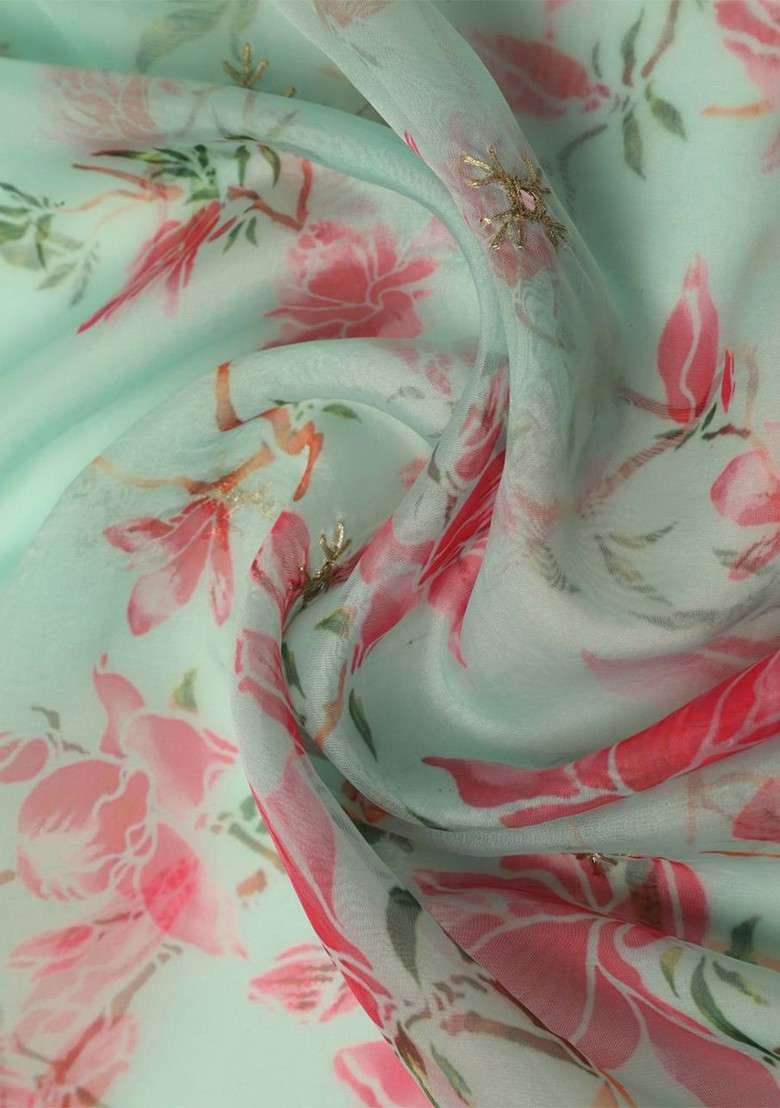 Printed Organza Dupatta With Mirror Work - Indya