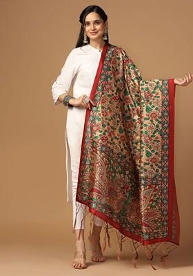 Printed Kalamkari Tasselled Silk Dupatta With Thread Work