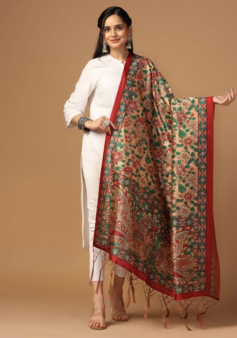 Printed Kalamkari Tasselled Silk Dupatta With Thread Work