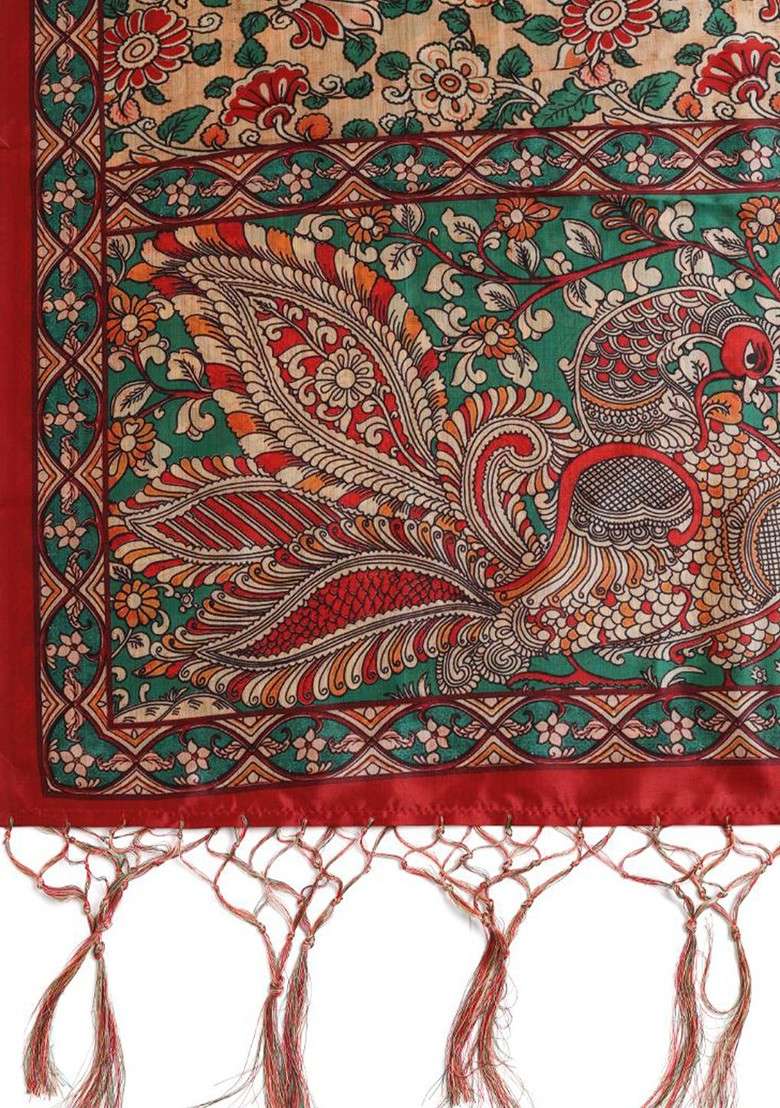 Printed Kalamkari Tasselled Silk Dupatta With Thread Work - Indya