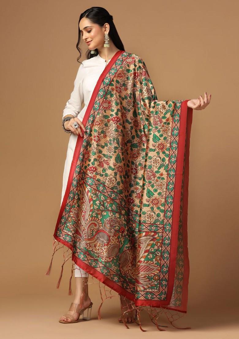 Printed Kalamkari Tasselled Silk Dupatta With Thread Work